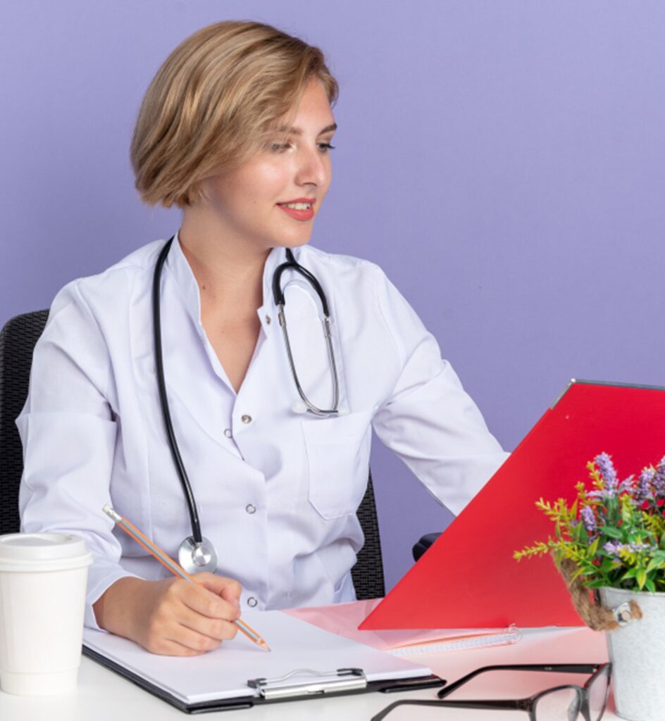 une secrétaire médicale à son bureau